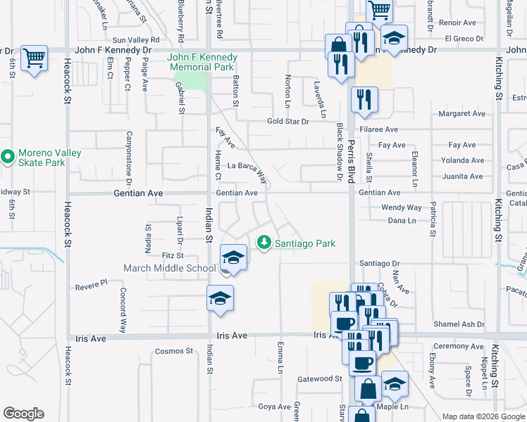 map of restaurants, bars, coffee shops, grocery stores, and more near 15565 Avenger Drive in Moreno Valley