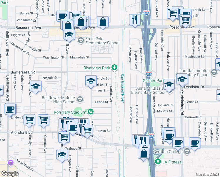 map of restaurants, bars, coffee shops, grocery stores, and more near 15317 Carfax Avenue in Bellflower