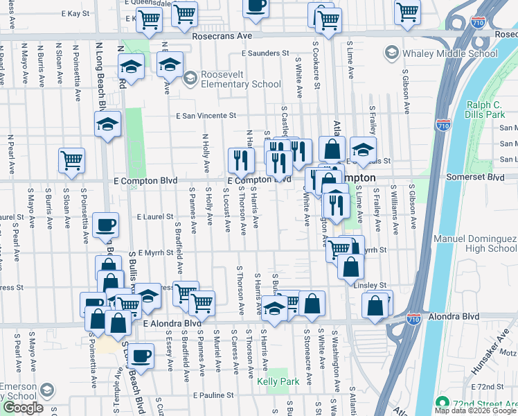 map of restaurants, bars, coffee shops, grocery stores, and more near 220 South Harris Avenue in Compton