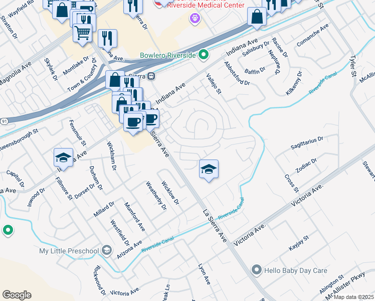 map of restaurants, bars, coffee shops, grocery stores, and more near 10961 Knoxville Way in Riverside