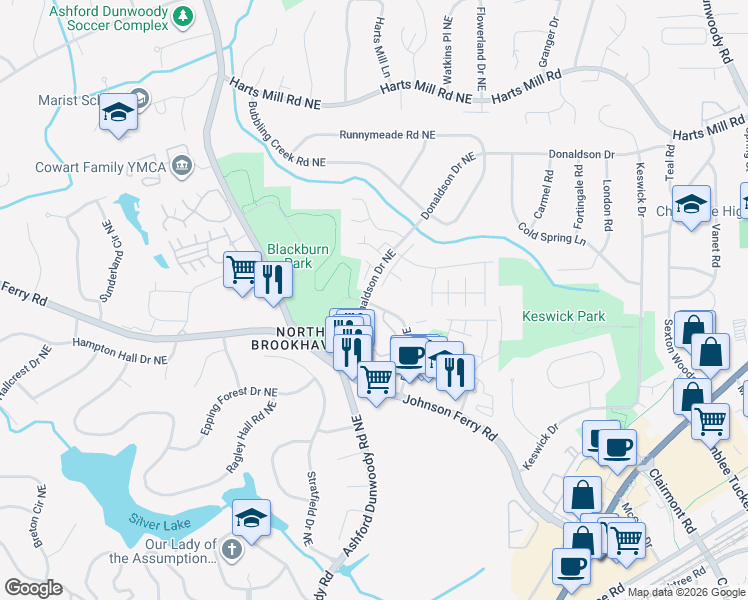 map of restaurants, bars, coffee shops, grocery stores, and more near 3522 Blair Circle Northeast in Atlanta