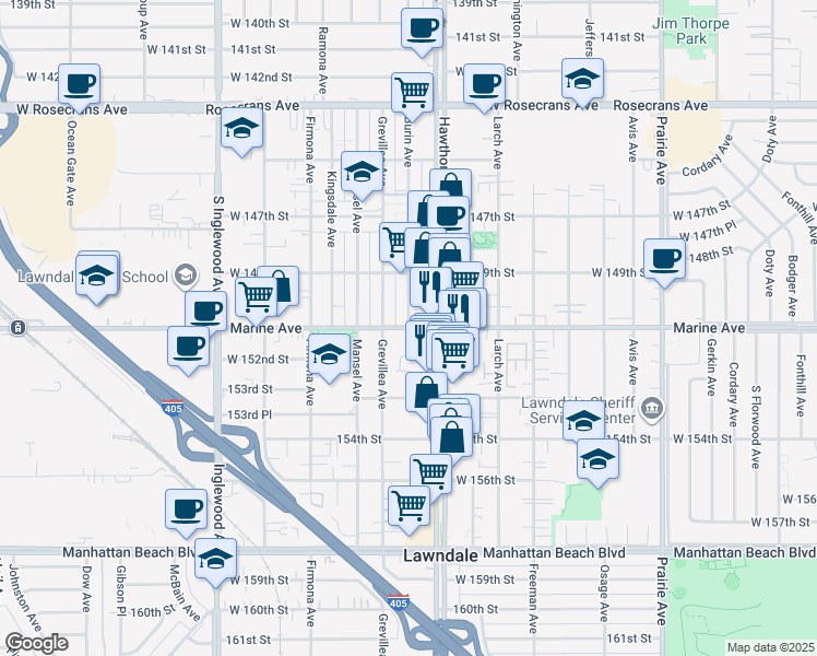 map of restaurants, bars, coffee shops, grocery stores, and more near Marine Avenue & Burin Avenue in Lawndale