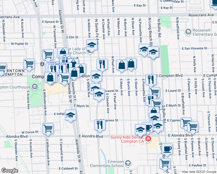 map of restaurants, bars, coffee shops, grocery stores, and more near 210 South Chester Avenue in Compton
