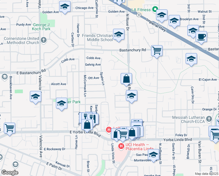 map of restaurants, bars, coffee shops, grocery stores, and more near 4601 Jeanean Lane in Yorba Linda