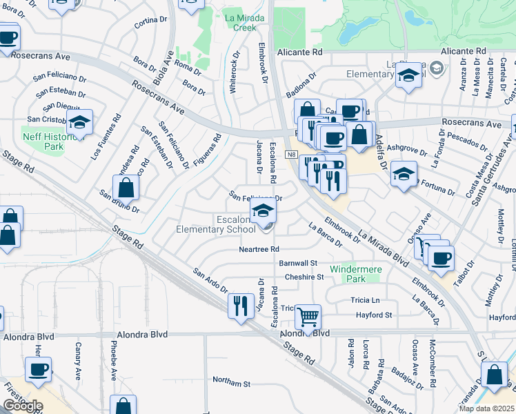 map of restaurants, bars, coffee shops, grocery stores, and more near 14957 Excelsior Drive in La Mirada
