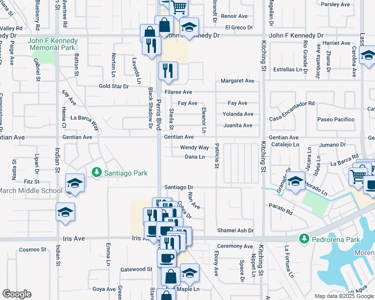 map of restaurants, bars, coffee shops, grocery stores, and more near 25167 Wendy Way in Moreno Valley