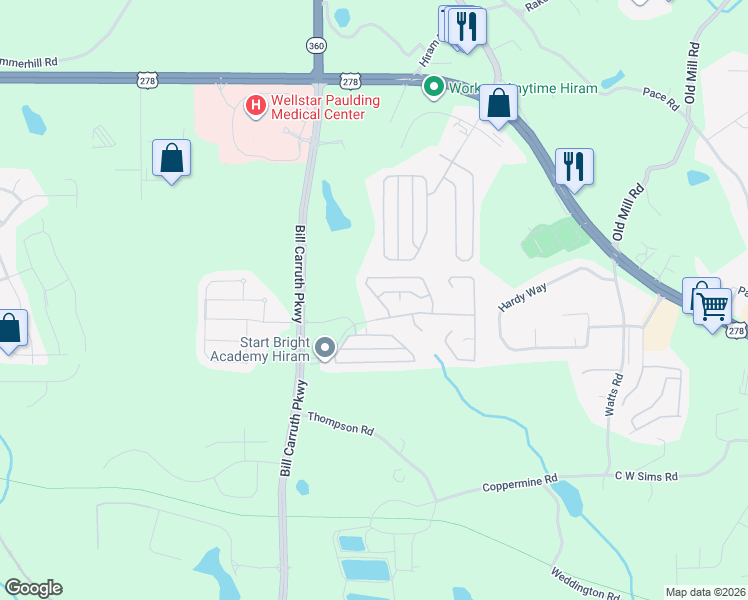 map of restaurants, bars, coffee shops, grocery stores, and more near 65 Greystone Circle in Hiram
