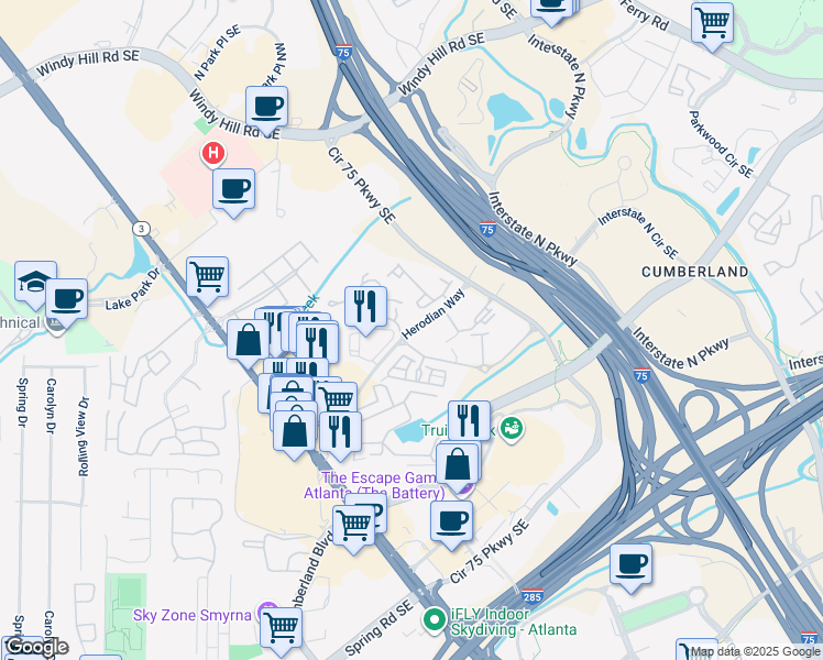 map of restaurants, bars, coffee shops, grocery stores, and more near 2500 Crescent Park Court in Atlanta