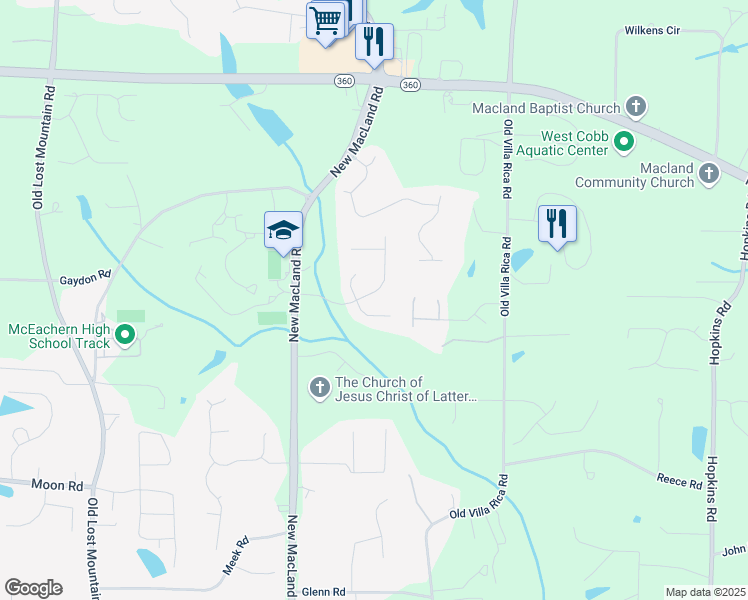 map of restaurants, bars, coffee shops, grocery stores, and more near 4185 Arapaho Drive in Powder Springs