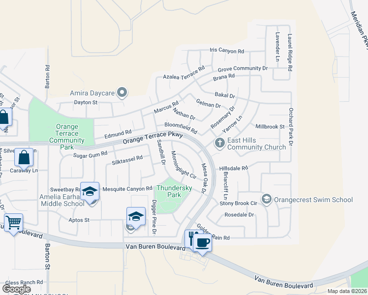 map of restaurants, bars, coffee shops, grocery stores, and more near 20637 Mesa Oak Drive in Riverside