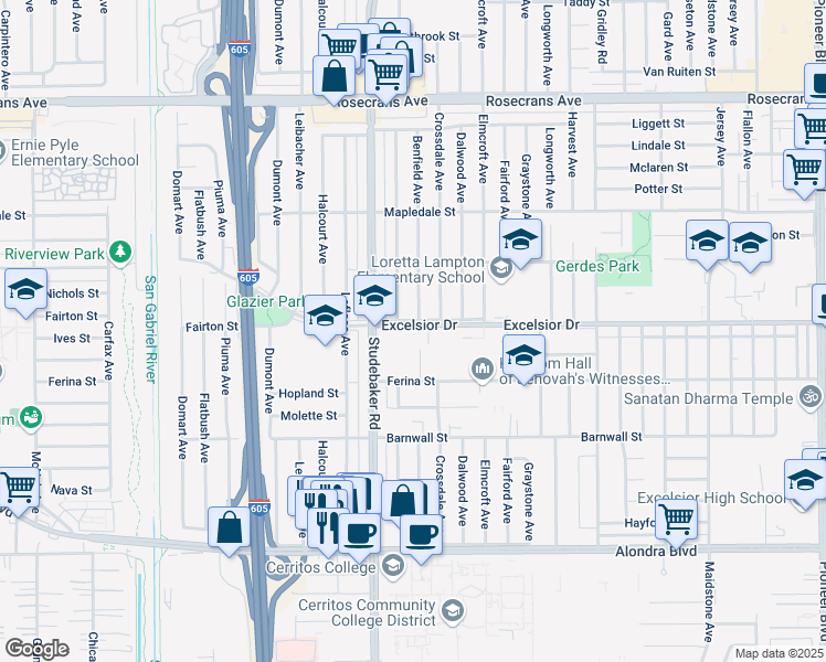 map of restaurants, bars, coffee shops, grocery stores, and more near 11042 Excelsior Drive in Norwalk