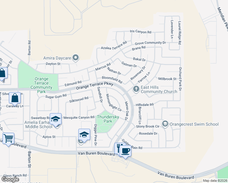 map of restaurants, bars, coffee shops, grocery stores, and more near 20637 Mesa Oak Drive in Riverside