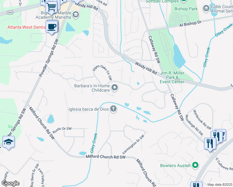 map of restaurants, bars, coffee shops, grocery stores, and more near 1442 Glynn Oaks Drive Southwest in Marietta