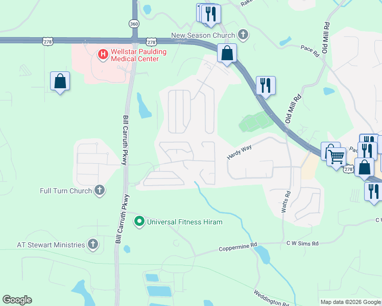 map of restaurants, bars, coffee shops, grocery stores, and more near 394 Greystone Parkway in Hiram