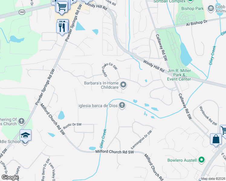 map of restaurants, bars, coffee shops, grocery stores, and more near 1432 Glynn Oaks Drive Southwest in Marietta