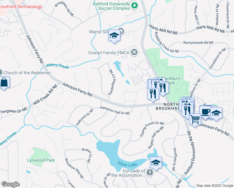 map of restaurants, bars, coffee shops, grocery stores, and more near 1918 Johnson Ferry Road Northeast in Brookhaven