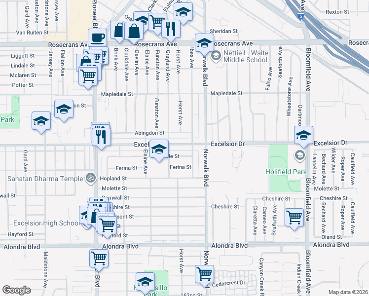 map of restaurants, bars, coffee shops, grocery stores, and more near 12078 Highdale Street in Norwalk