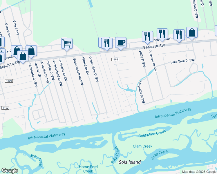 map of restaurants, bars, coffee shops, grocery stores, and more near 1980 Inland Drive Southwest in Ocean Isle Beach