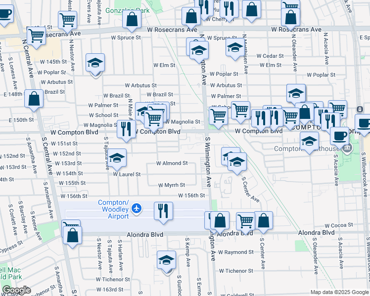 map of restaurants, bars, coffee shops, grocery stores, and more near 159 South Wilmington Avenue in Compton