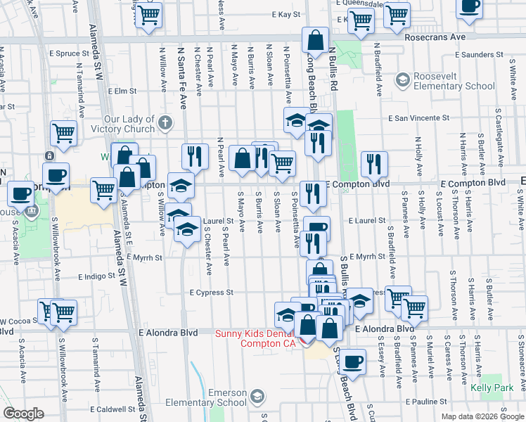 map of restaurants, bars, coffee shops, grocery stores, and more near 208 South Burris Avenue in Compton