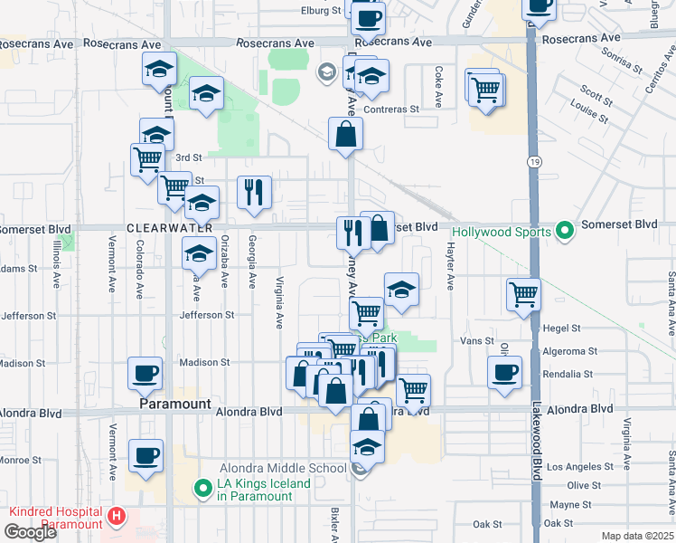 map of restaurants, bars, coffee shops, grocery stores, and more near 8455 Fairton Street in Paramount
