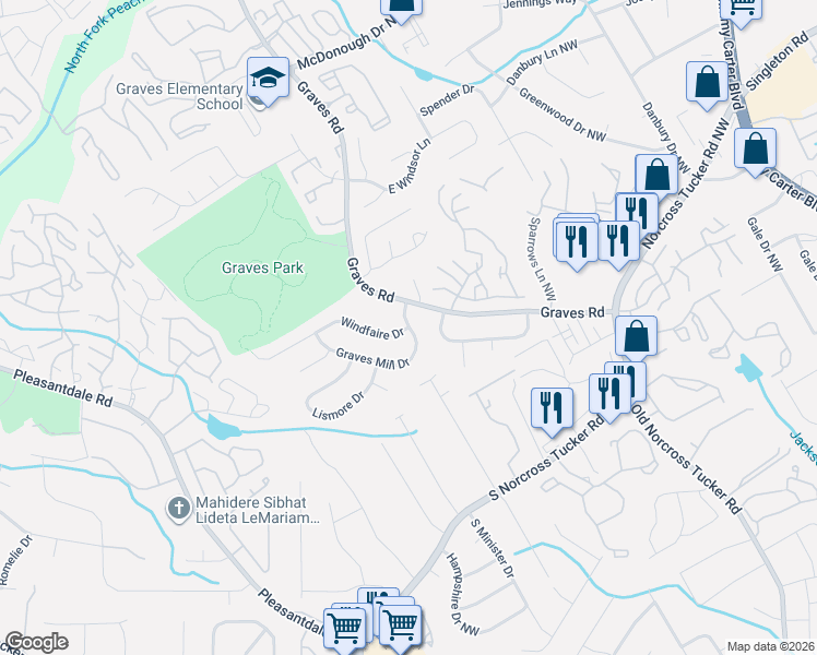 map of restaurants, bars, coffee shops, grocery stores, and more near Graves Mill Dr & Windfaire Dr in Norcross