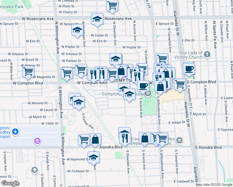 map of restaurants, bars, coffee shops, grocery stores, and more near 422 West Palm Street in Compton