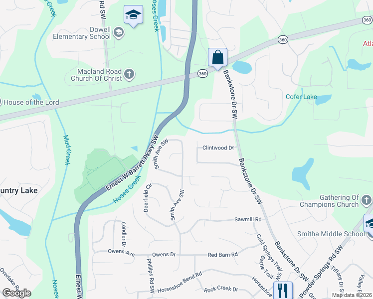 map of restaurants, bars, coffee shops, grocery stores, and more near 2475 Smith Avenue Southwest in Marietta