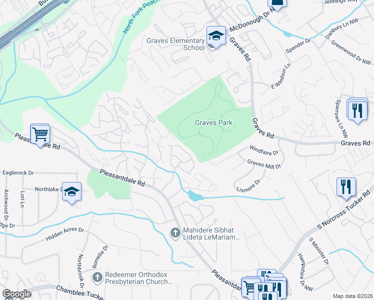 map of restaurants, bars, coffee shops, grocery stores, and more near 3986 Hancock Circle in Atlanta