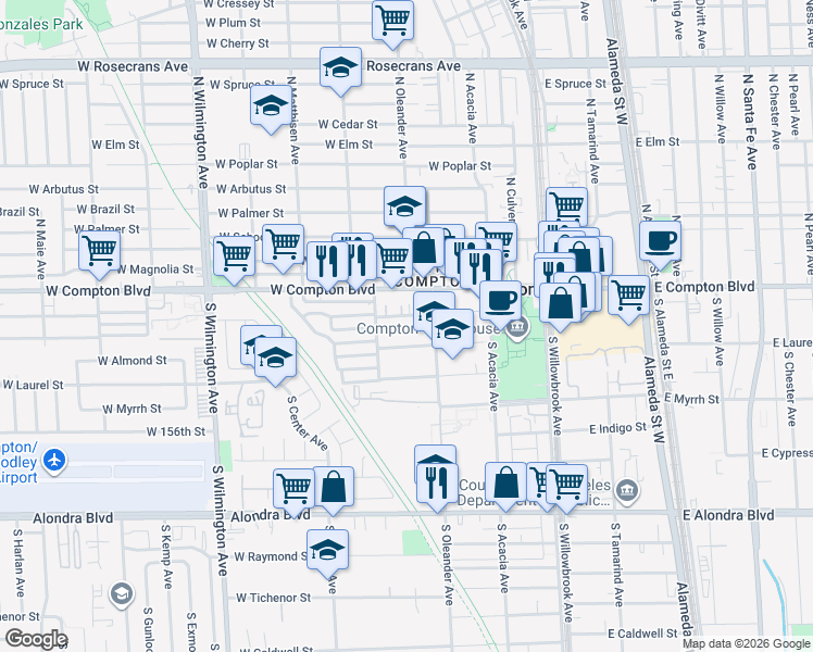 map of restaurants, bars, coffee shops, grocery stores, and more near 422 West Palm Street in Compton