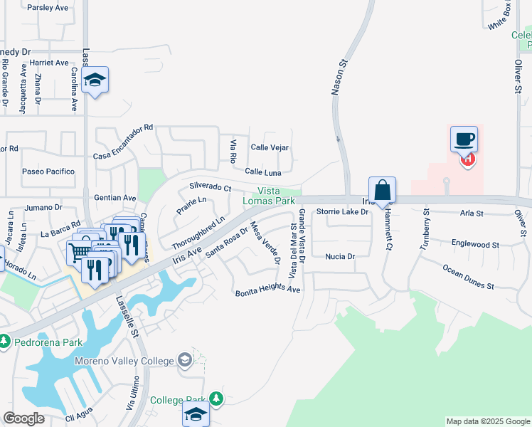 map of restaurants, bars, coffee shops, grocery stores, and more near 26658 Santa Rosa Drive in Moreno Valley