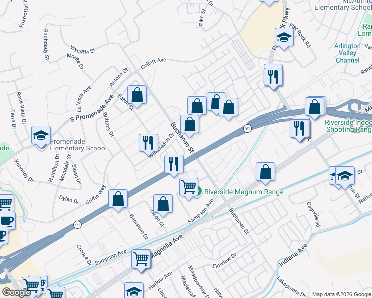 map of restaurants, bars, coffee shops, grocery stores, and more near 324 Cypress Court in Corona