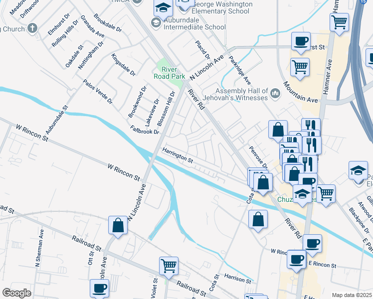 map of restaurants, bars, coffee shops, grocery stores, and more near 934 Forester Drive in Corona
