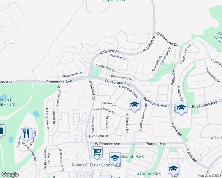 map of restaurants, bars, coffee shops, grocery stores, and more near 2001 Calle Alegria in Fullerton