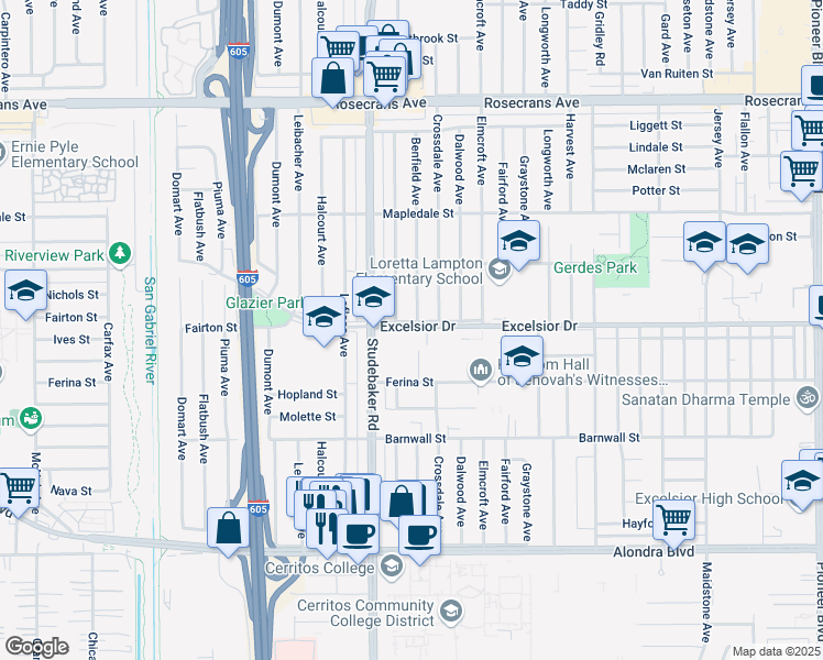 map of restaurants, bars, coffee shops, grocery stores, and more near 11042 Excelsior Drive in Norwalk