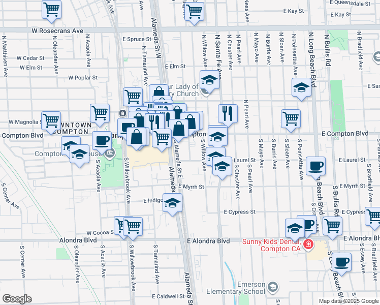 map of restaurants, bars, coffee shops, grocery stores, and more near 412 East Laurel Street in Compton