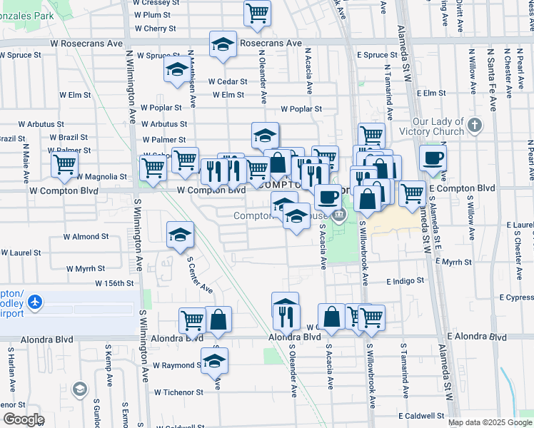 map of restaurants, bars, coffee shops, grocery stores, and more near 428 West Almond Street in Compton