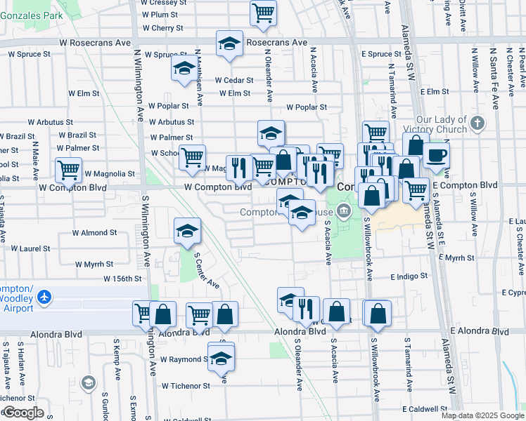 map of restaurants, bars, coffee shops, grocery stores, and more near 428 West Almond Street in Compton