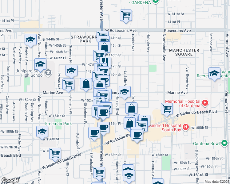 map of restaurants, bars, coffee shops, grocery stores, and more near 1723 West 152nd Street in Gardena