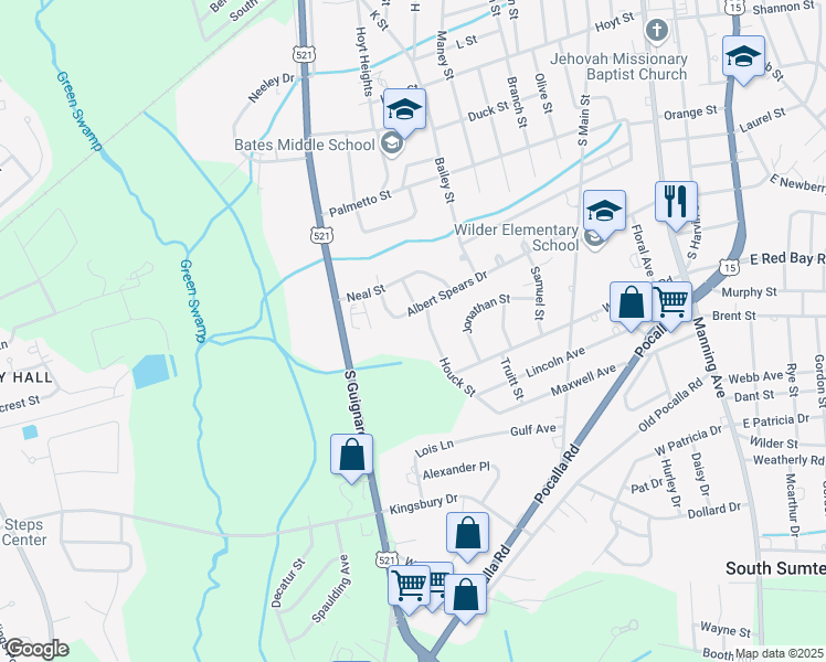 map of restaurants, bars, coffee shops, grocery stores, and more near 980 Houck Street in Sumter