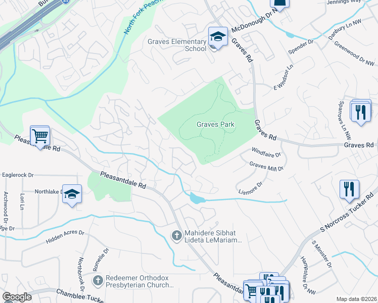 map of restaurants, bars, coffee shops, grocery stores, and more near 3986 Hancock Circle in Atlanta