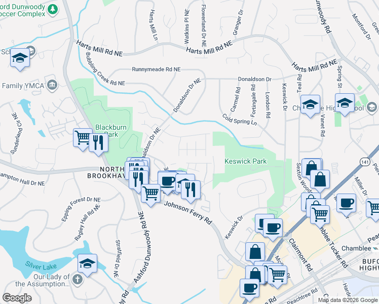map of restaurants, bars, coffee shops, grocery stores, and more near 3555 Brookleigh Lane Northeast in Brookhaven
