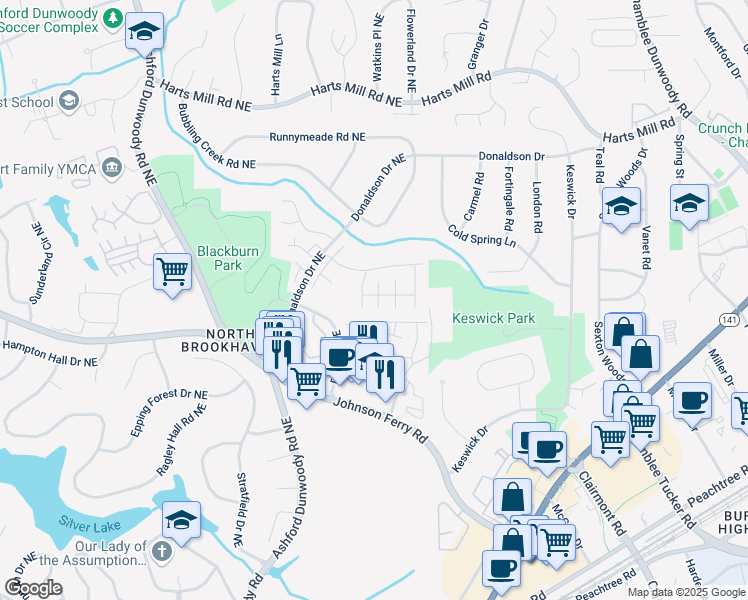 map of restaurants, bars, coffee shops, grocery stores, and more near 3694 Lambert Lane in Atlanta