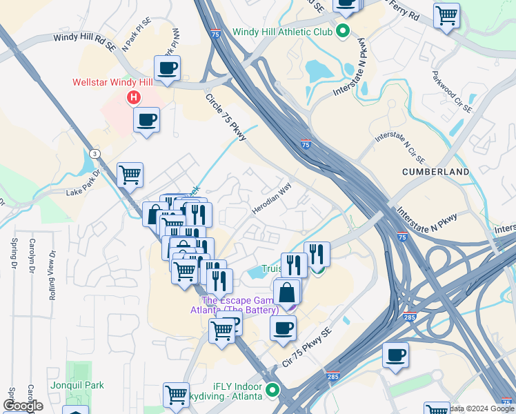 map of restaurants, bars, coffee shops, grocery stores, and more near 2500 Crescent Park Court in Atlanta