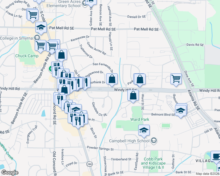 map of restaurants, bars, coffee shops, grocery stores, and more near 725 Burbank Circle in Smyrna