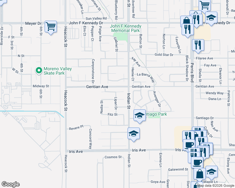 map of restaurants, bars, coffee shops, grocery stores, and more near 24411 Electra Court in Moreno Valley