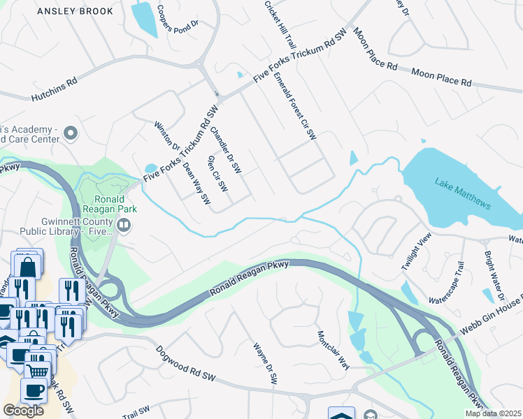 map of restaurants, bars, coffee shops, grocery stores, and more near 844 Chandler Drive Southwest in Lawrenceville