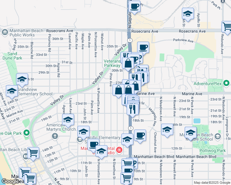 map of restaurants, bars, coffee shops, grocery stores, and more near 2501 Elm Avenue in Manhattan Beach