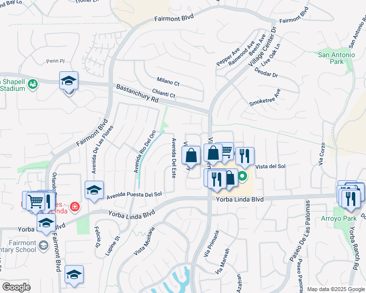 map of restaurants, bars, coffee shops, grocery stores, and more near 4605 Vía Del Buey in Yorba Linda