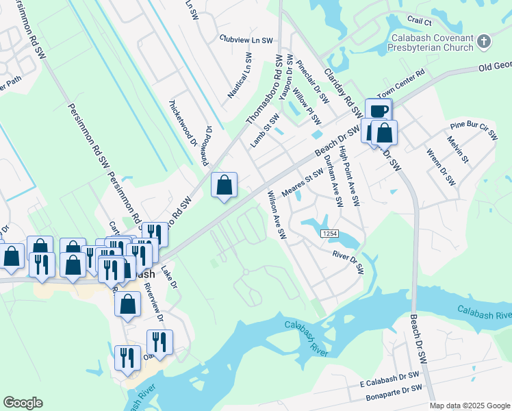 map of restaurants, bars, coffee shops, grocery stores, and more near 1401 Azure Court in Calabash